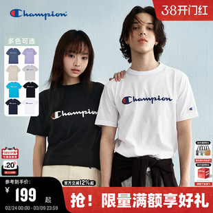 Champion冠军短袖T恤男2026春季新款胶印草写LOGO宽松上衣女潮牌