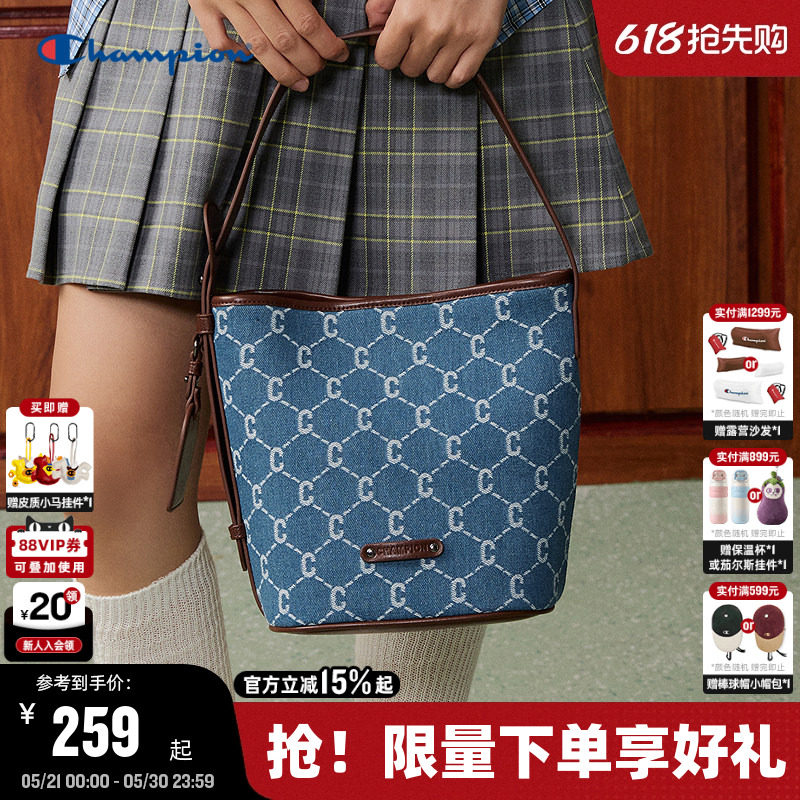 Champion冠军水桶托特包26夏季新款女复古牛仔老花手提包通勤背包