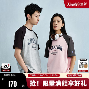 新款 圆领25夏季 刺绣纯棉T恤红色拼接潮牌 插肩袖 Champion冠军短袖