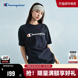 潮牌胶印纯棉标语上衣女美式 新款 t恤男2025夏季 Champion冠军短袖