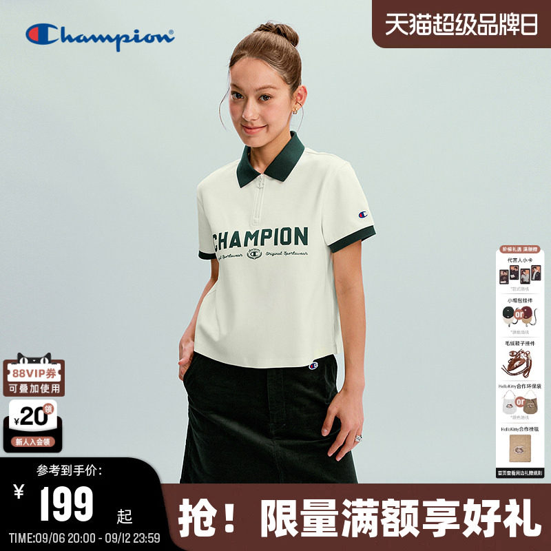 Champion印花半拉链短袖polo衫图片