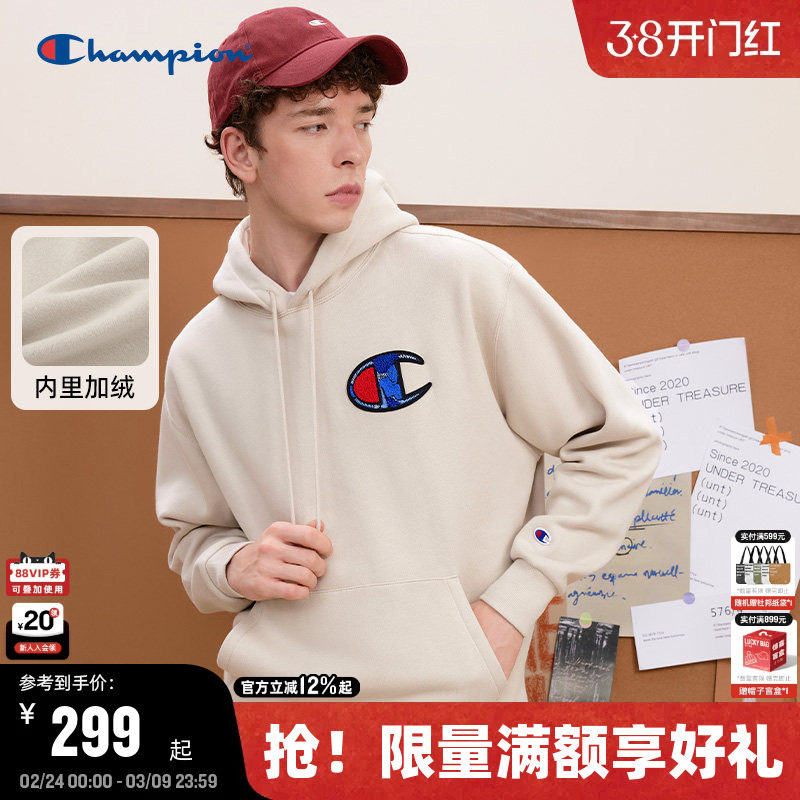 Champion冠军连帽卫衣男加绒保暖情侣圣诞红色休闲套头上衣潮秋冬 - Champion官方旗舰店出品