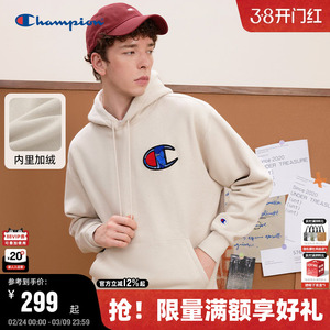 Champion冠军连帽卫衣男加绒保暖情侣圣诞红色休闲套头上衣潮秋冬