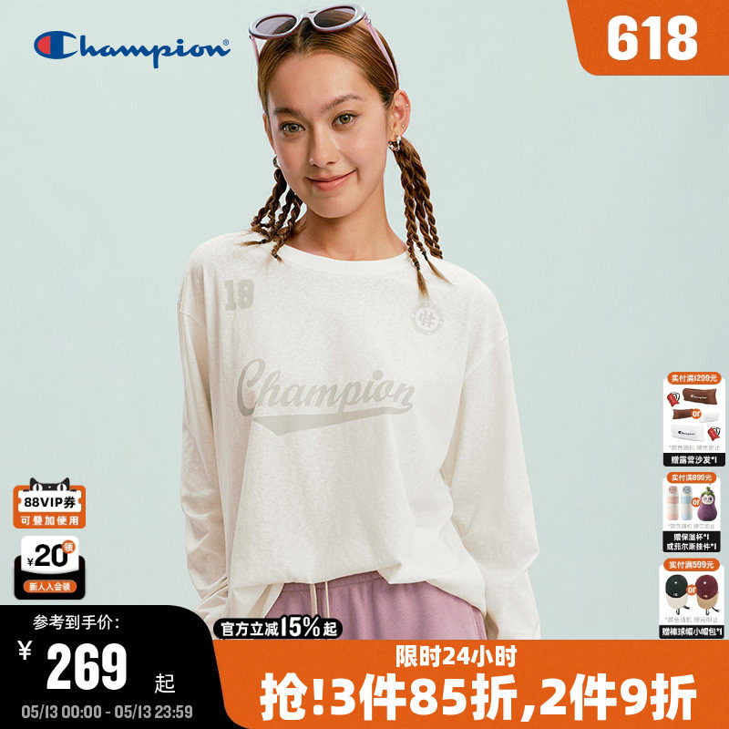 Champion冠军长袖T恤女2026春季新款圆领印花打底罩衫软复古少女