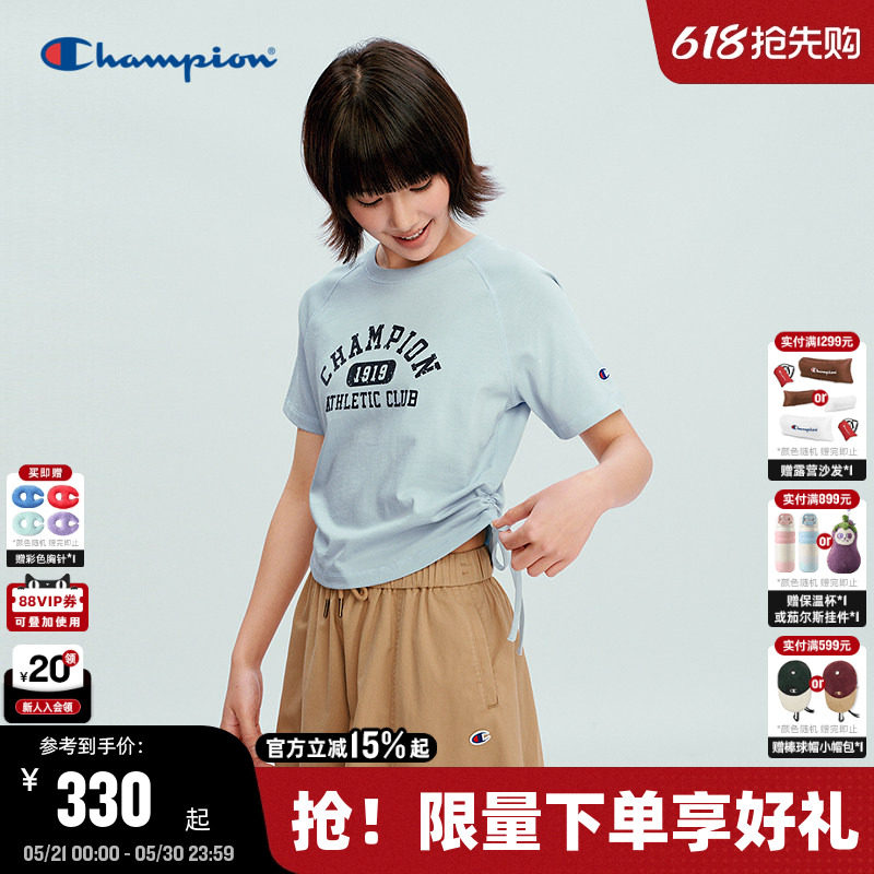 Champion冠军短袖T恤女2026夏季新款韩系学院风系带短款纯棉上衣