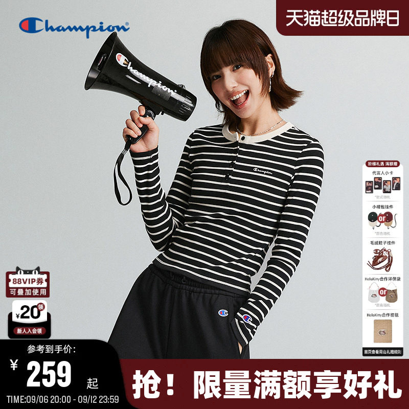 Champion复古条纹修身长袖T恤女图片