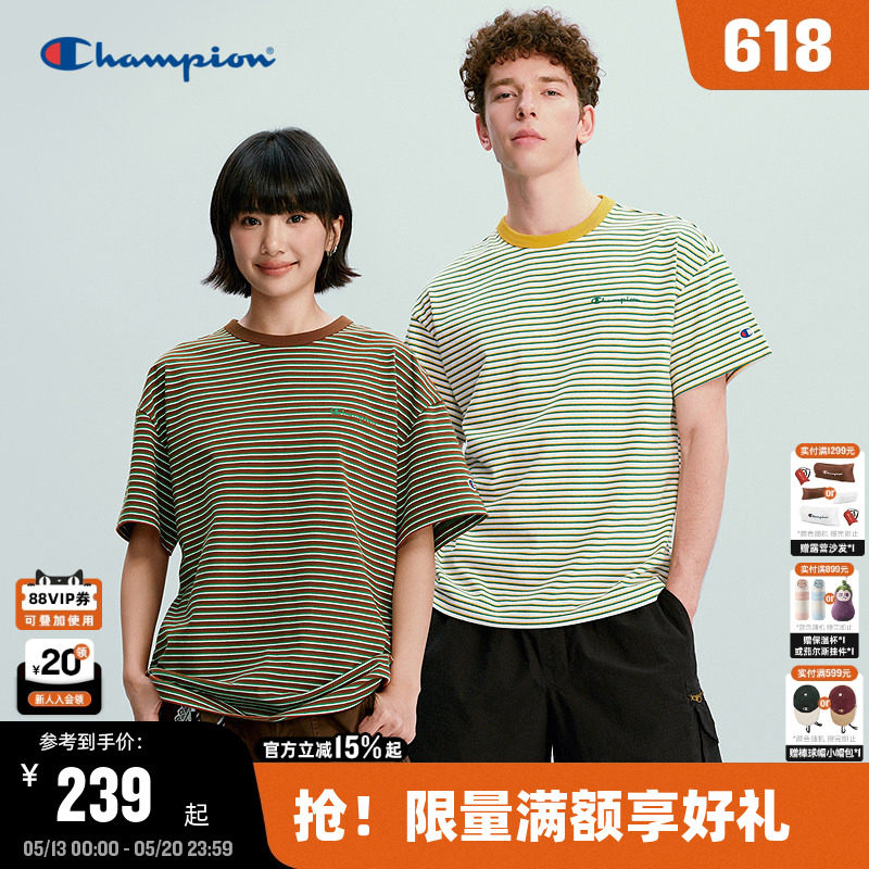 Champion冠军短袖男2026夏季新款复古条纹宽松T恤女清爽全棉休闲