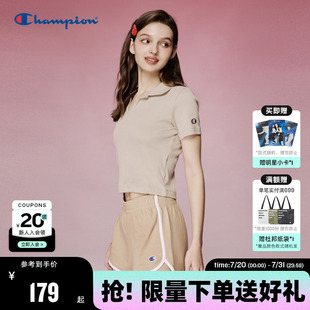 2025夏季 刺绣女短款 Champion冠军POLO衫 新款 T恤纯色翻领修身 短袖