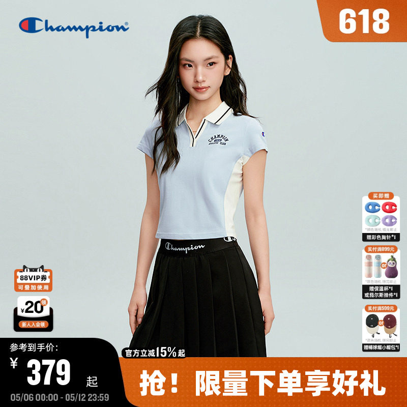 Champion冠军V领POLO衫女2026夏季新款短款修身刺绣图案显瘦上衣