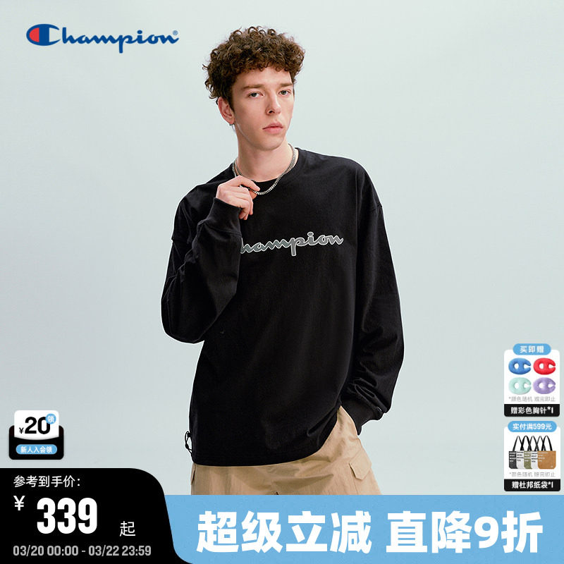 Champion冠军长袖T恤男2026春季新款简约纯棉宽松上衣女印花logo