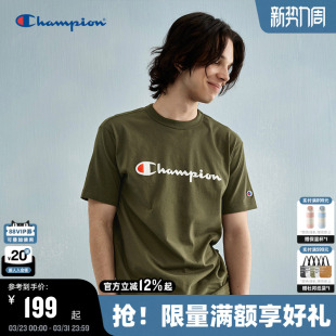 胶印草写LOGO潮圆领t恤标语女潮 新款 Champion冠军短袖 男2026春季