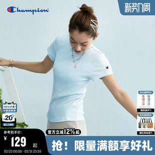 简约显瘦修身 Champion冠军修身 新款 T恤女夏季 条纹正肩上衣潮 短袖