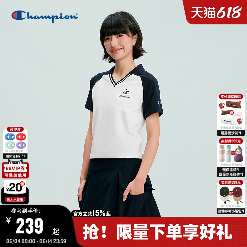 Champion冠军短袖POLO衫女2026夏季新款v领插肩袖短款上衣学院风