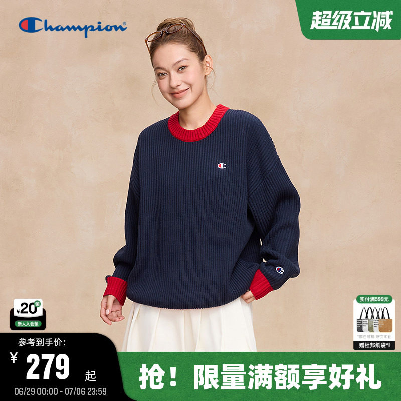 Champion冠军毛衣男2025秋季新款混色拼接圆领针织衫保暖美式风