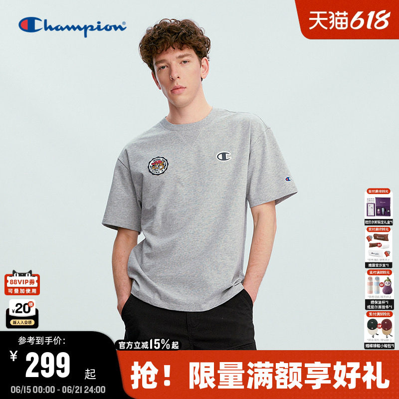 Champion冠军短袖男26夏季新款纯棉假两件宽松T恤女卡通刺绣情侣