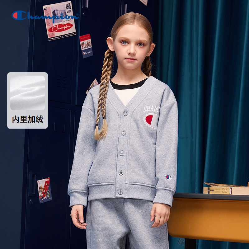 Champion冠军男女童装25秋冬新款复古学院纽扣针织开衫加绒外套,童装/婴儿装/亲子装,毛衣/针织衫,淘宝优惠券,粉丝福利购,淘宝优惠卷