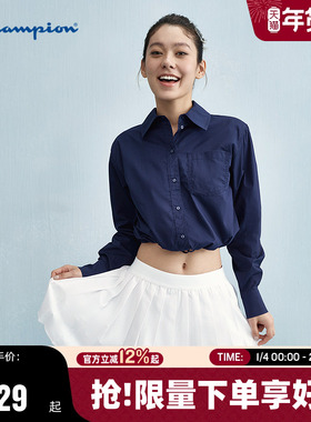 Champion冠军翻领长袖衬衫女春秋新款白色设计感系带短款上衣