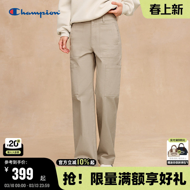 Champion冠军休闲裤女2025秋季新款斜纹直筒长裤复古简约风多口袋
