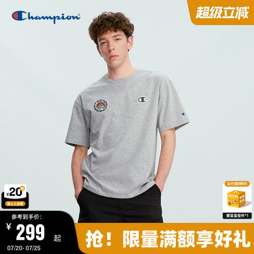 Champion纯棉假两件卡通刺绣短袖