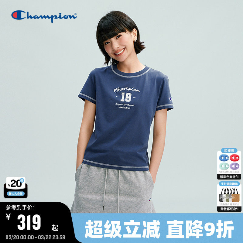 Champion冠军短袖T恤女2026春季新款甜美显瘦圆领印花短款上衣潮