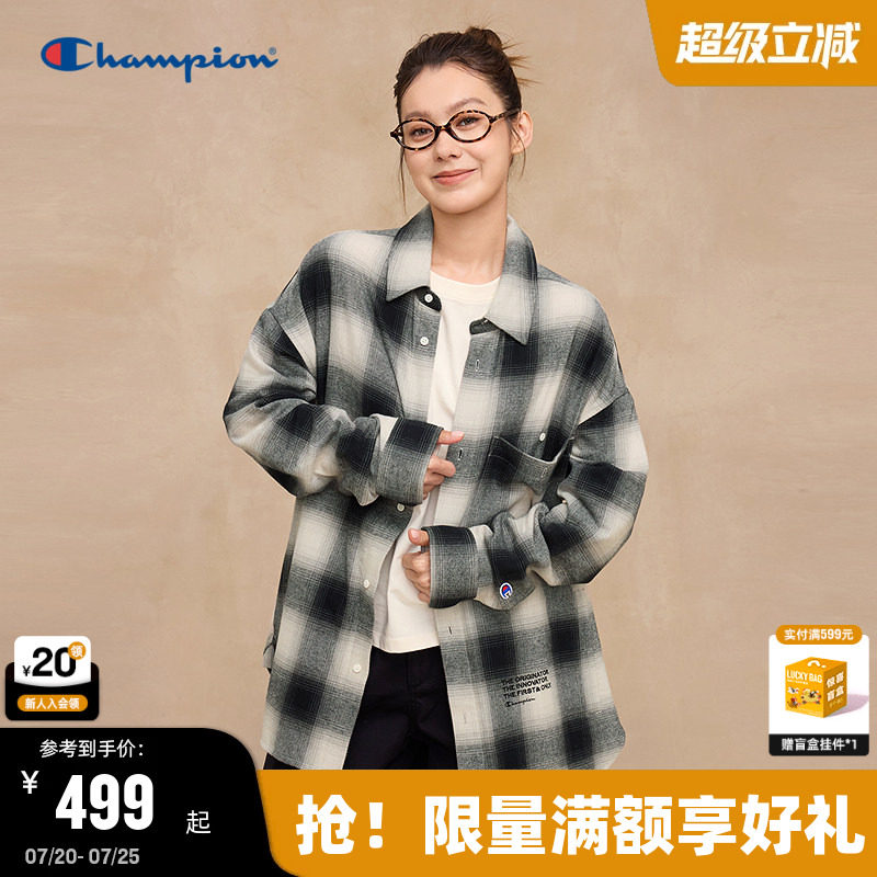 丁禹兮同款Champion冠军衬衫男春季格子春秋盐系工装上衣外套美式