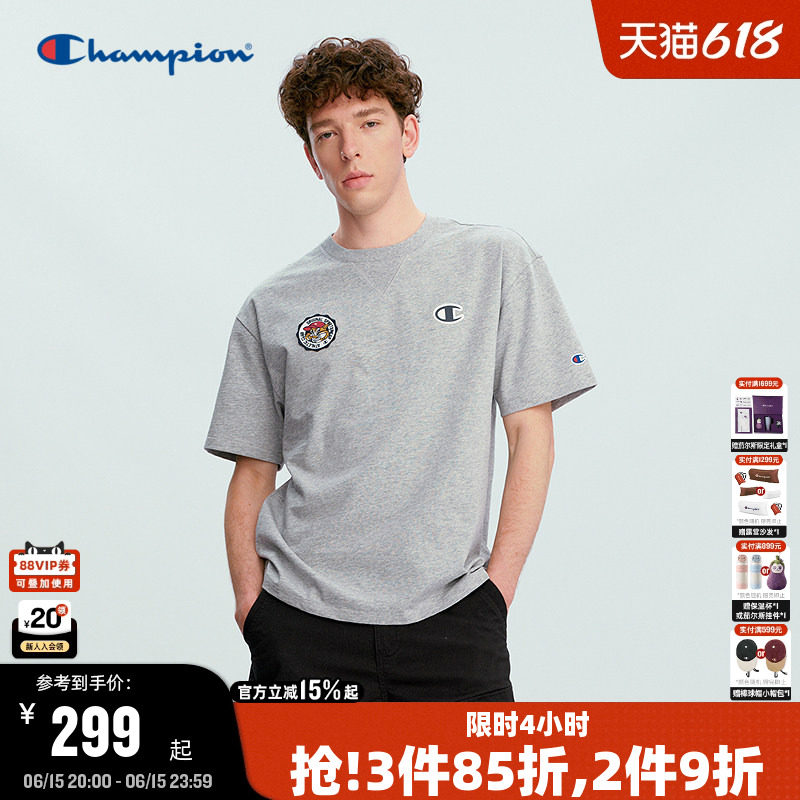 Champion冠军短袖男26夏季新款纯棉假两件宽松T恤女卡通刺绣情侣