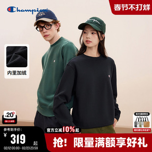 Champion冠军情侣卫衣男2025冬季新款加绒刺绣圆领休闲红色上衣秋