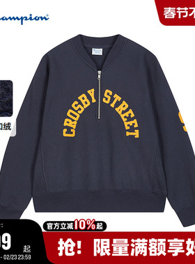 Champion冠军半拉链加绒卫衣女25冬季新款V领印花校园球衣风上衣