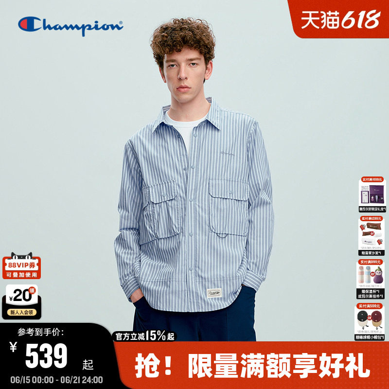 Champion冠军长袖衬衫男2026夏季新款蓝色条纹开衫女休闲宽松潮牌