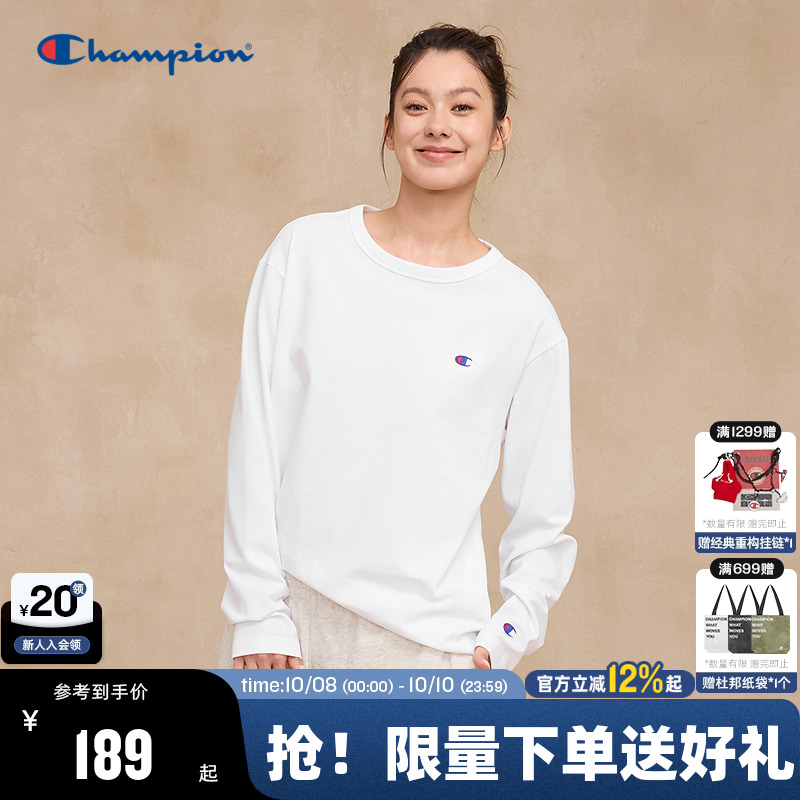 Champion冠军长袖T恤男2025秋季新款刺绣小C纯色基础款打底衫女