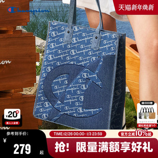 Champion冠军托特包女25秋冬新款 丹宁满印老花手提包大容量通勤包