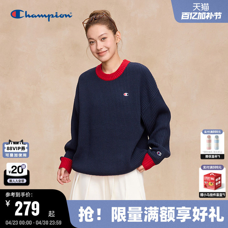 Champion冠军毛衣男2025秋季新款混色拼接圆领针织衫保暖美式风