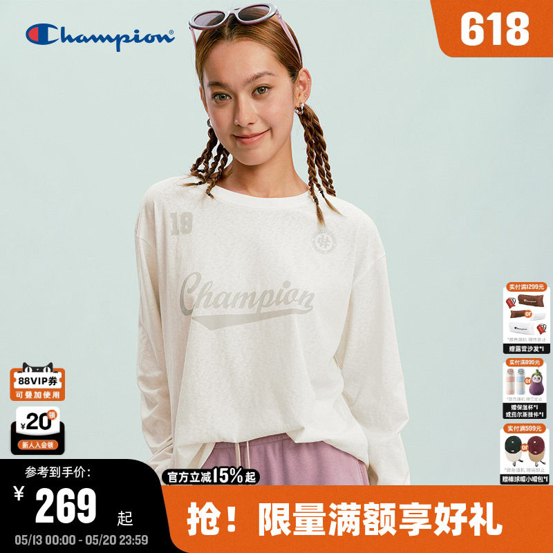 Champion冠军长袖T恤女2026春季新款圆领印花打底罩衫软复古少女