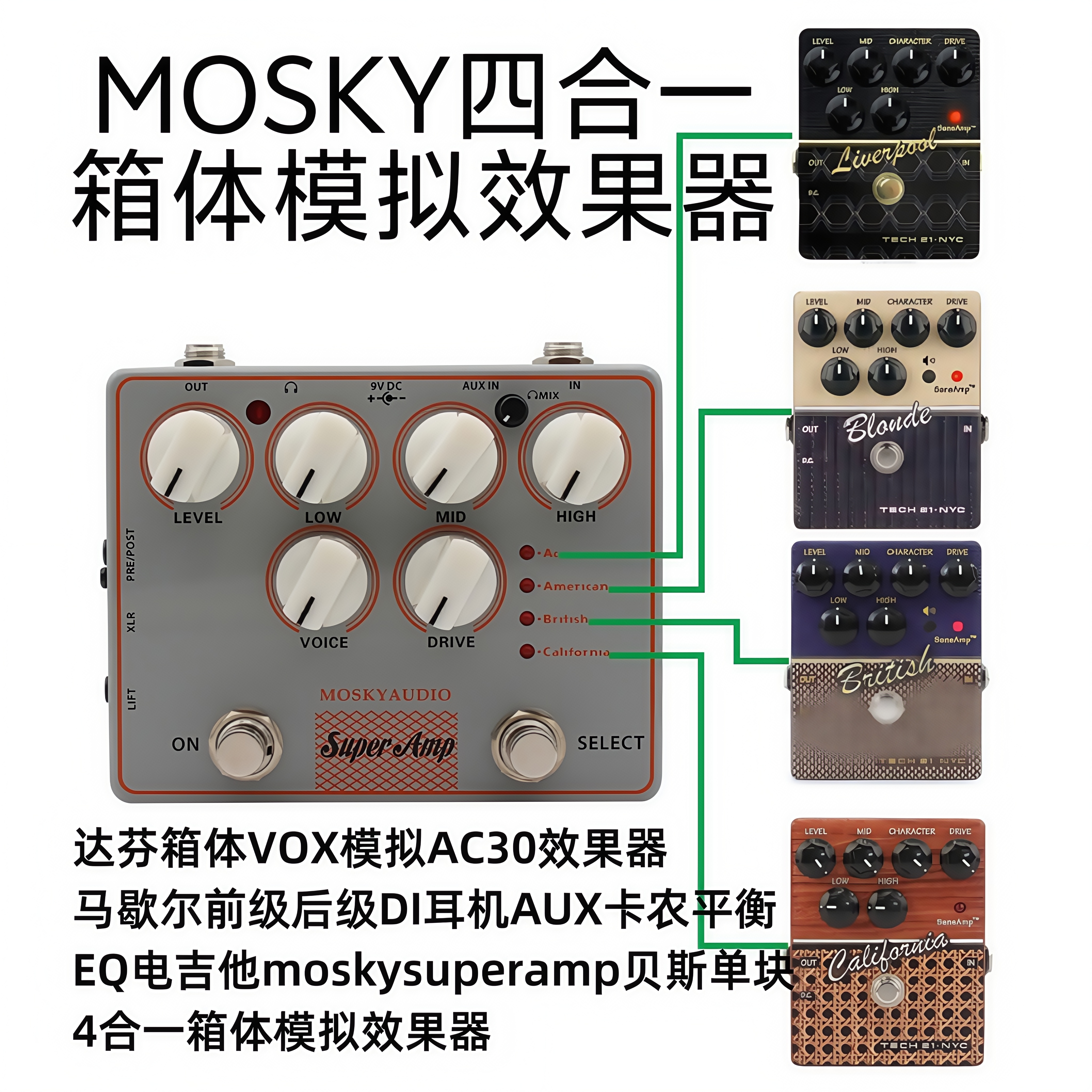 箱头模拟效果器过载3段均衡单块吉他贝斯通用复刻Tech21 Sansamp