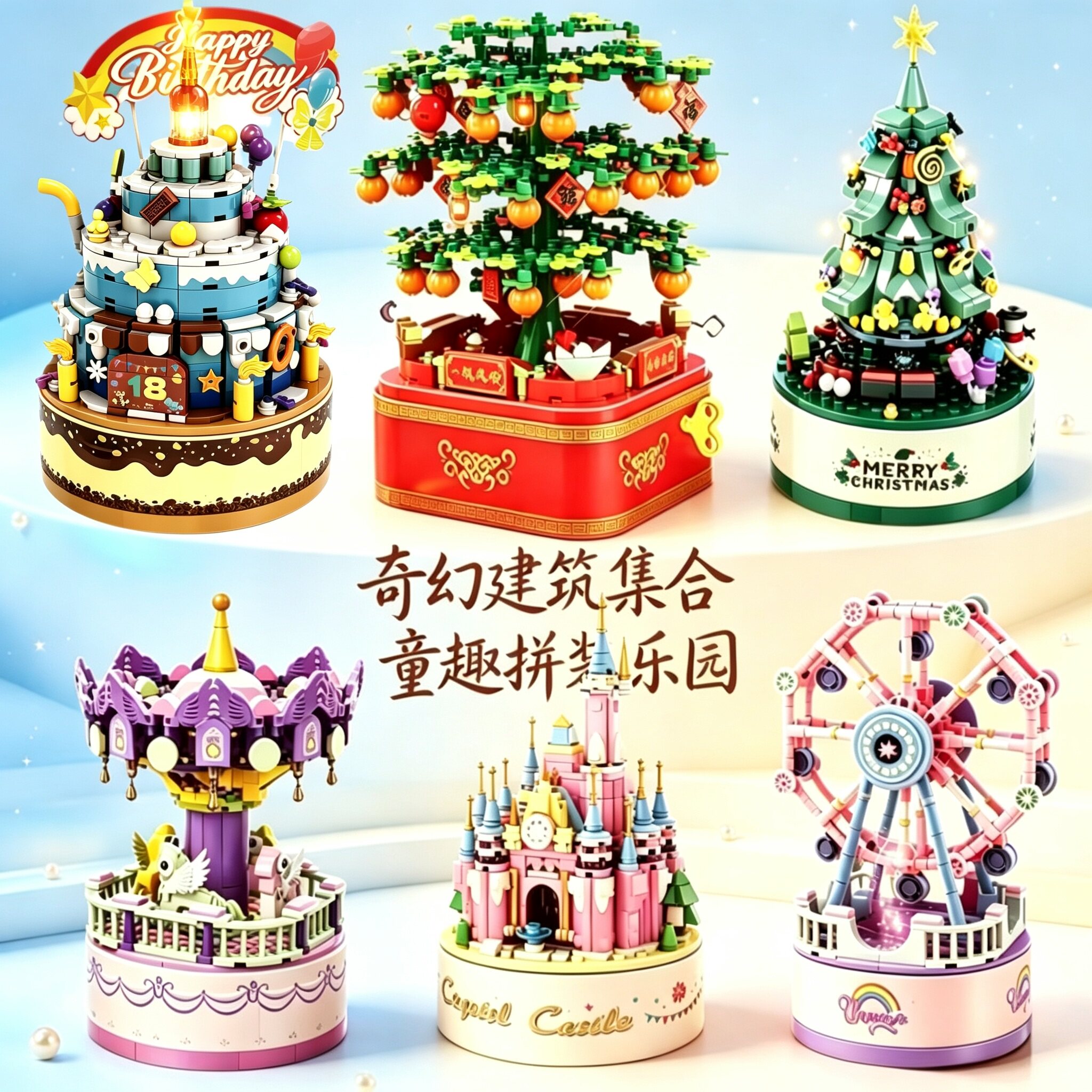 城堡音乐盒摩天轮旋转八音盒小颗粒积木拼装玩具儿童送女孩礼物10图片
