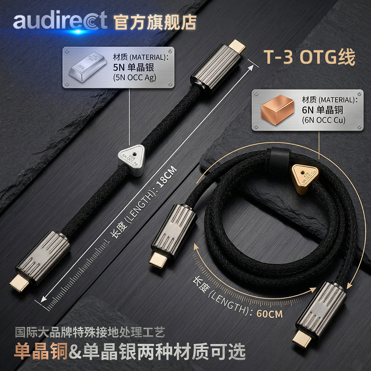 audirect T-3单晶铜/银iPhone苹果安卓TypeC手机小尾巴解码OTG线