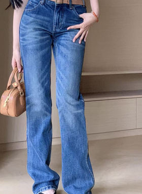 Gaorl25SS新款基础洗水微喇宽松中腰蓝色女款牛仔裤女神CEL风
