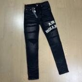 修身 Gaorl25SS新款 水洗做旧字母logo刺绣破洞缝线黑色牛仔裤