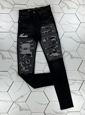 Gaorl23FW新款水洗做旧破坏刺绣logo缝线贴布黑色牛仔裤微弹男AM