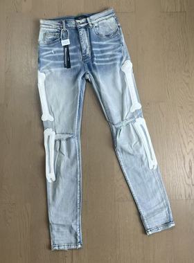 Gaorl25SS新款水洗做旧破洞侧边白色骨头拼皮浅蓝牛仔裤修身AM