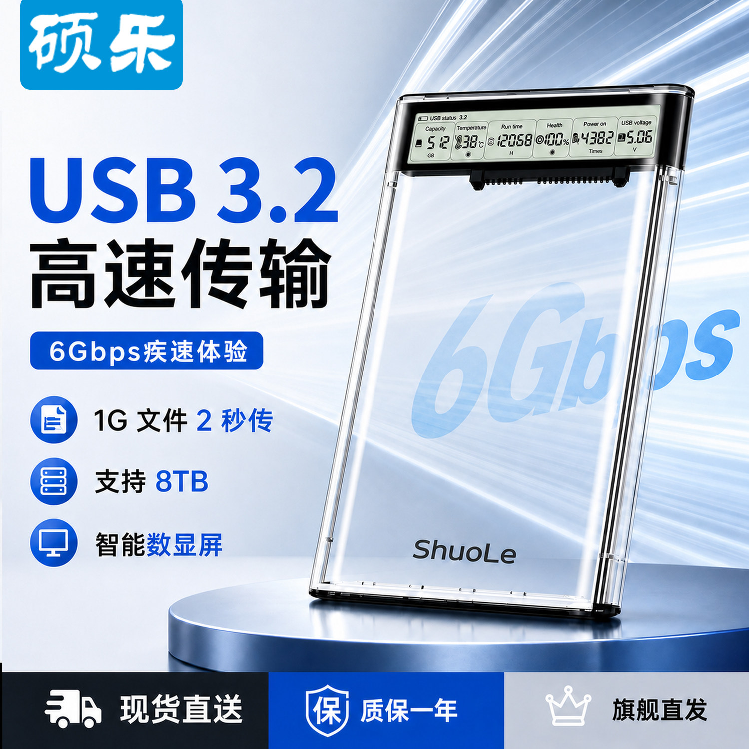 硕乐智能屏显硬盘盒子USB3.2笔记本机械固态2.5寸串口ssd外接C口
