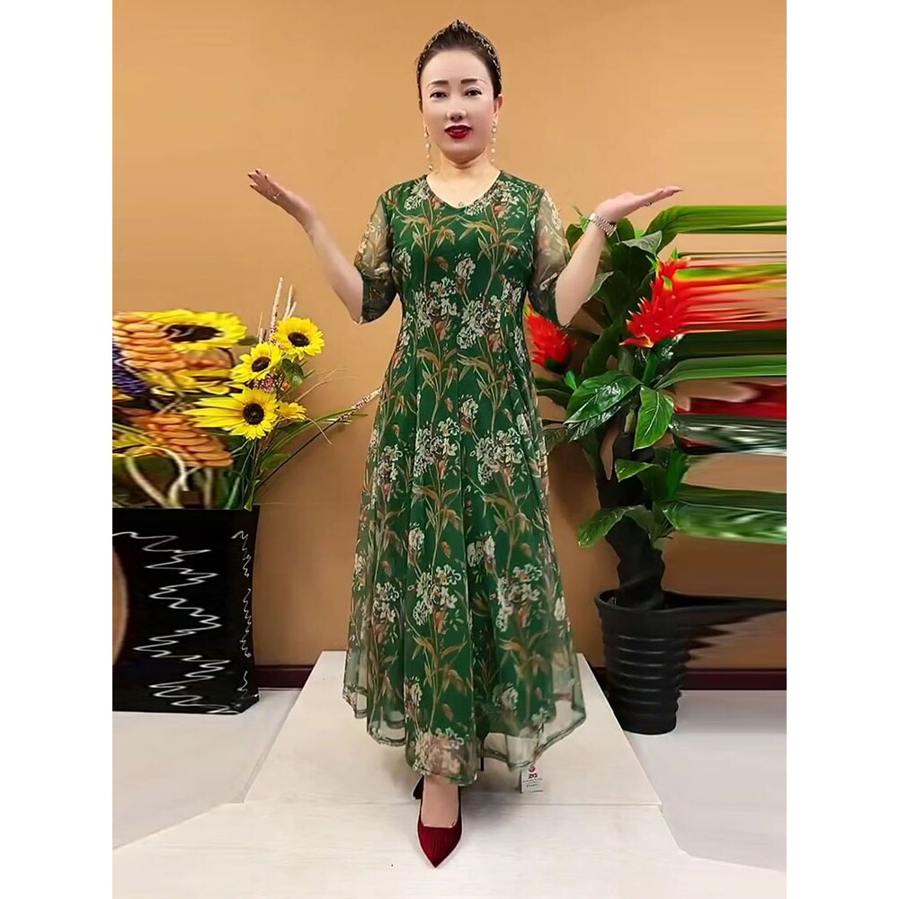 声雨竹夏季妈妈装网纱群子洋气清连衣裙