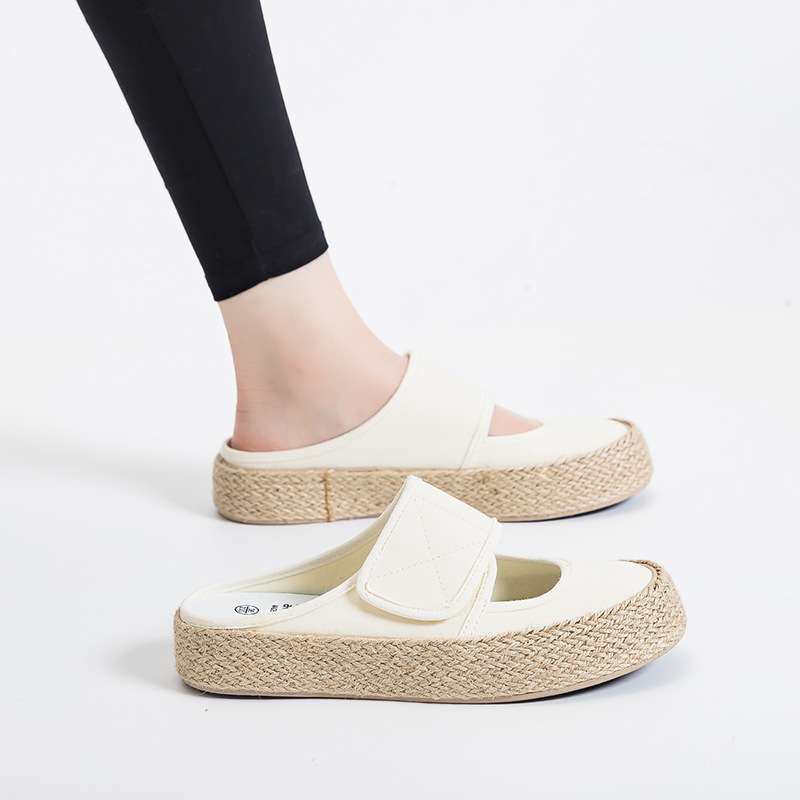 半拖鞋女2024年新款夏季小众百搭休闲魔术贴无后跟帆布鞋半托女鞋