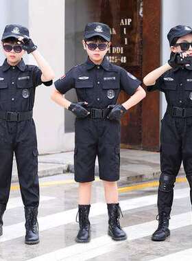 儿童警察服男童野战特种兵套装黑色装备短袖警察小交警演出服
