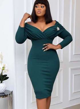 D095C亚马逊独立站秋新款非洲女装大码V领褶皱长袖欧美连衣裙