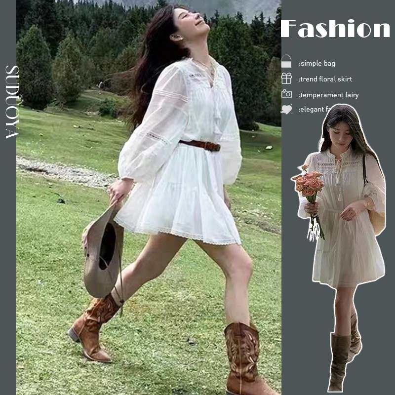 早春季三亚海边度假云南旅游白色长袖衬衫连衣裙子女波西米亚沙滩