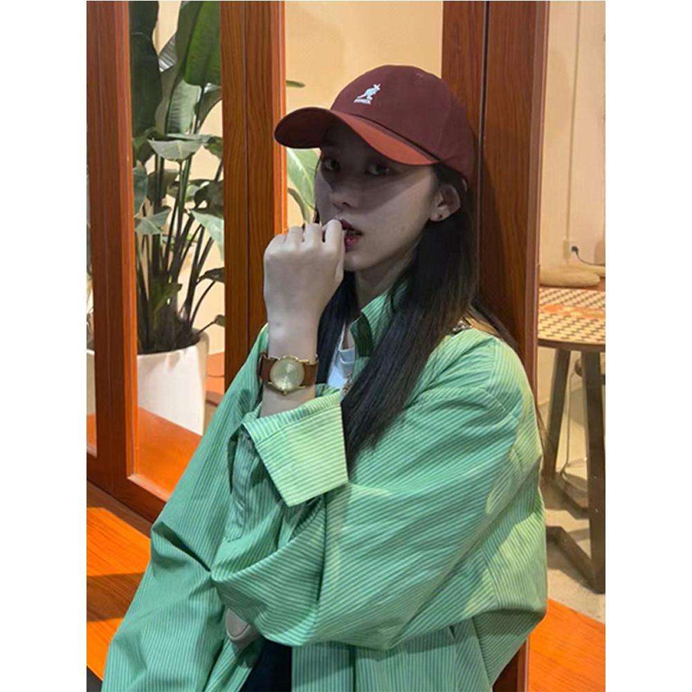 2024新款感宽松绿色防晒条纹衬衫女设计感小众长袖外套春秋季