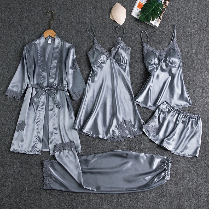 Sleepwear Female 5PCS Pajamas Set Satin Pyjamamas Home Wear