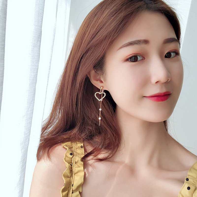 S925银不对称爱心耳环珍珠流苏耳饰品潮桃心长款耳钉无耳洞耳夹女