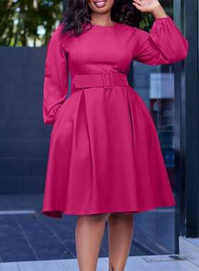 D418配腰带非洲女装2023秋冬新款长袖优雅气质圆领大摆欧美连衣裙